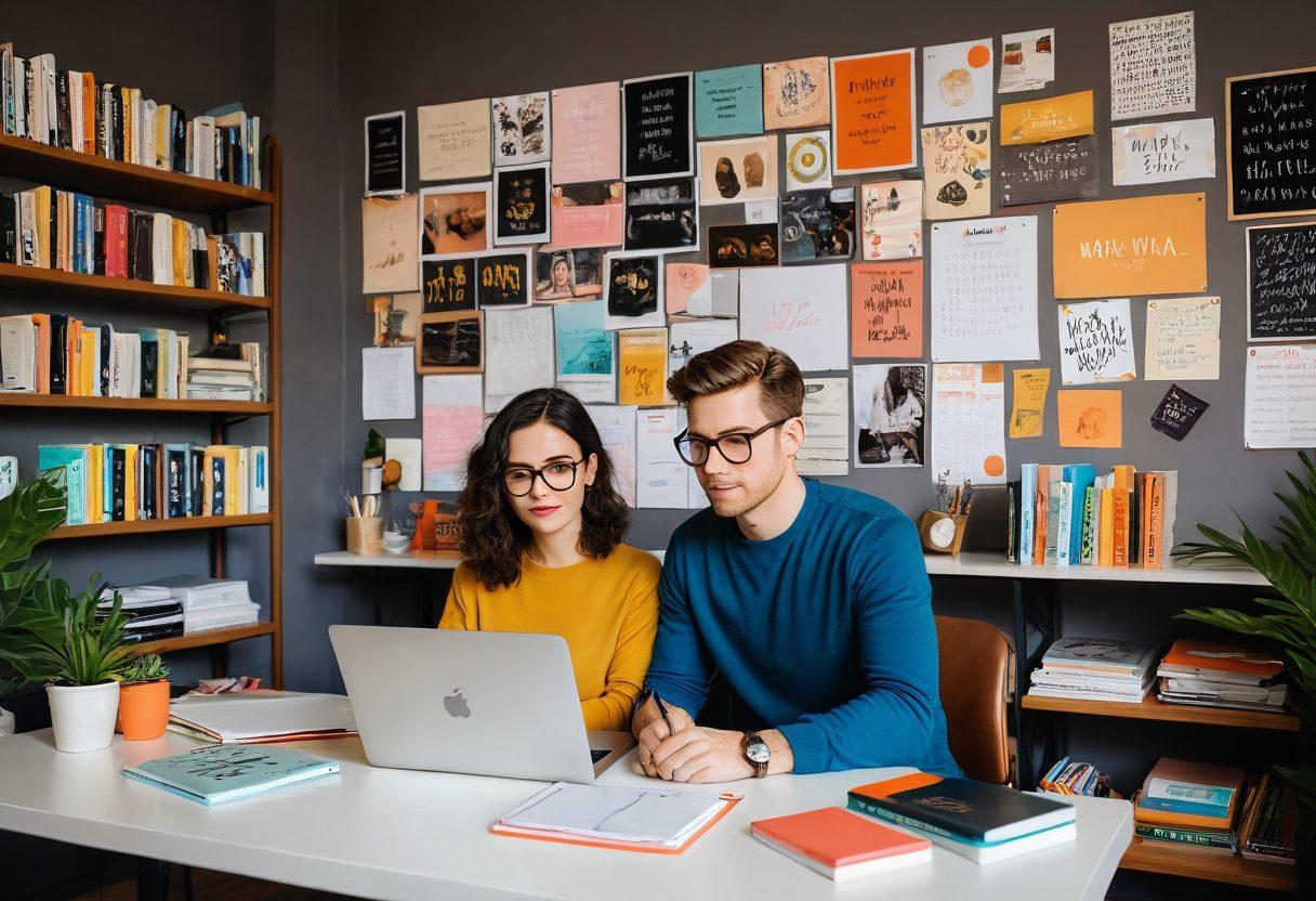 A captivating scene of a person sitting at a stylish desk surrounded by colorful notebooks and a laptop, intently writing a blog post. The background features a wall adorned with motivational quotes and a cozy bookshelf filled with books. Soft, warm lighting enhances the creative atmosphere. The overall mood is inspiring and inviting for content creators. super-realistic. vibrant colors. cozy setting.