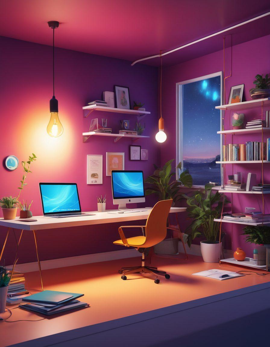 A creative workspace featuring a glowing light bulb symbolizing ideas, surrounded by digital devices like a laptop and tablet displaying publishing tools. In the background, a dynamic path leads towards a bright horizon, representing the journey from concept to impact. Include floating text blocks illustrating impactful digital content. vibrant colors. modern illustration. 3D.