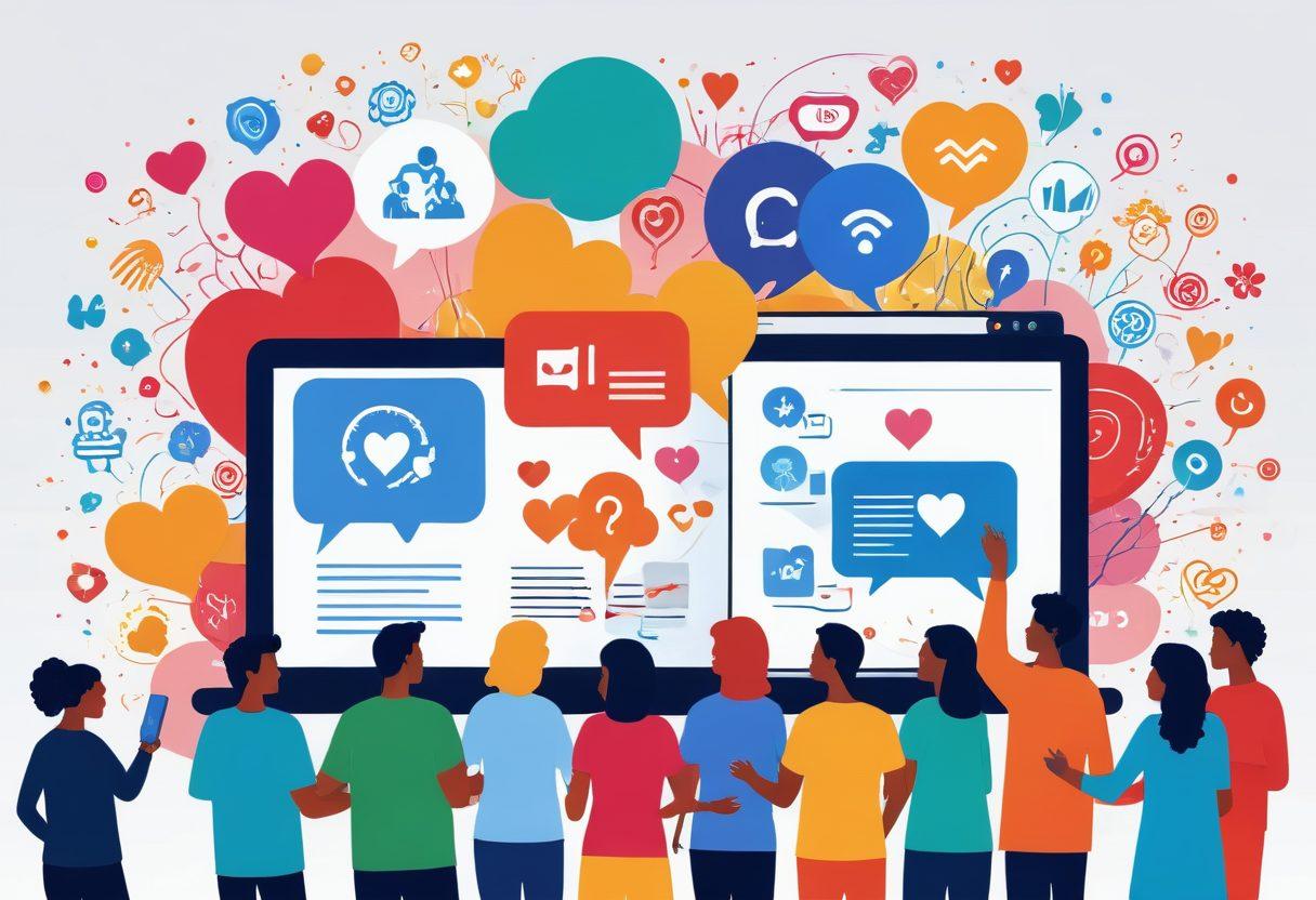 A vibrant illustration of diverse people engaging together around a large digital screen displaying a blog, exchanging ideas, and sharing devices. In the background, various social media icons and community symbols like hearts and chat bubbles convey connectivity and growth. The scene is filled with warmth and energetic interaction, exemplifying community spirit. The color palette is bright and inviting, radiating creativity and collaboration. vector art. vibrant colors. white background.